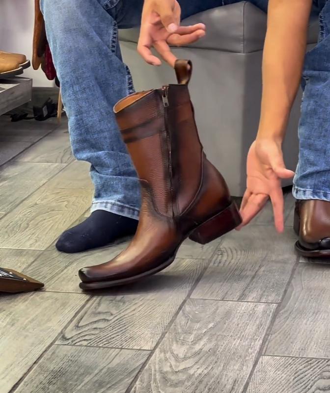 Men's Leather Buckle Cowboy Boots