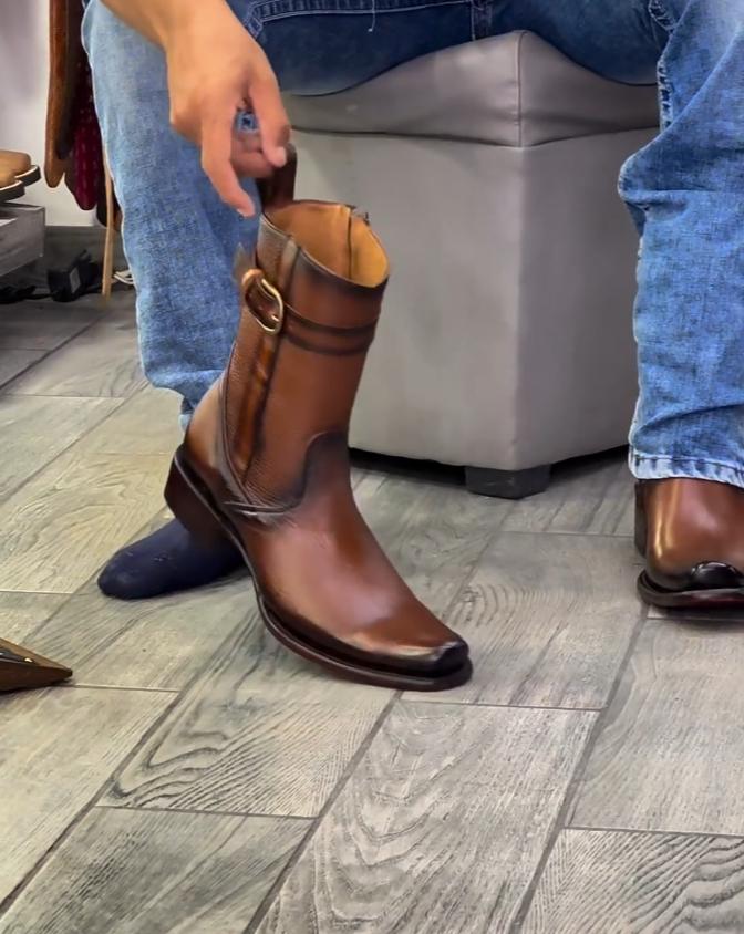 Men's Leather Buckle Cowboy Boots